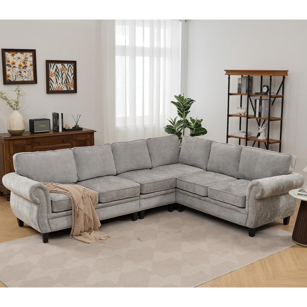 109.5" Chenille 6-Seater L-Shaped Sofa with Rolled Armrests