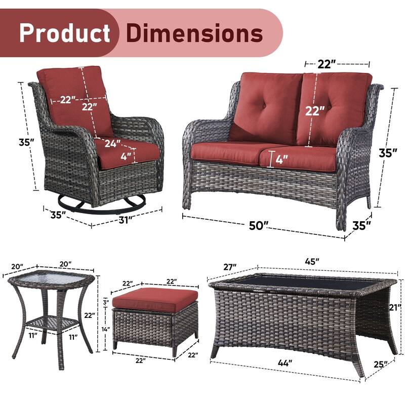Pocassy Outdoor Sofa Swivel Chairs Table Ottoman 4 Inch Set