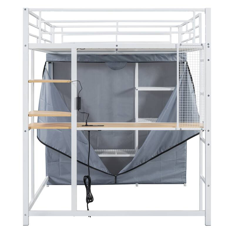 Full Size Metal Loft Bed with Built-in Desk, Wardrobe & Power Outlet - 350LB Capacity
