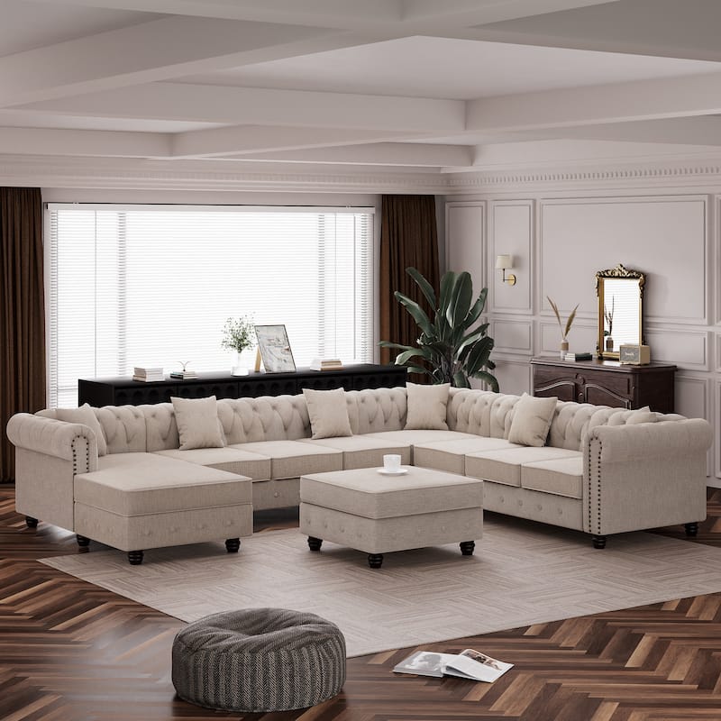 Chesterfield Sectional Sofa with Ottoman and 6 Pillows U-Shape Linen Fabric Sofa with Chaise and Rubberwood Legs for Living Room