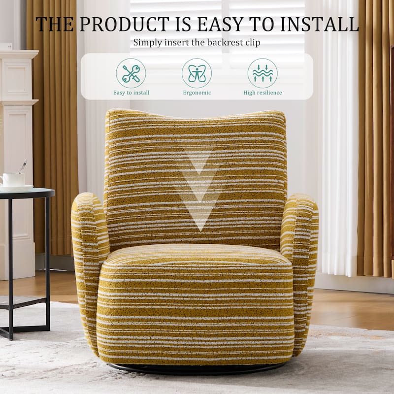 HOMEFUN Boucle Upholstered 360° Swivel Fabric Striped Armrest Leisure Chair for Living room and Bedroom
