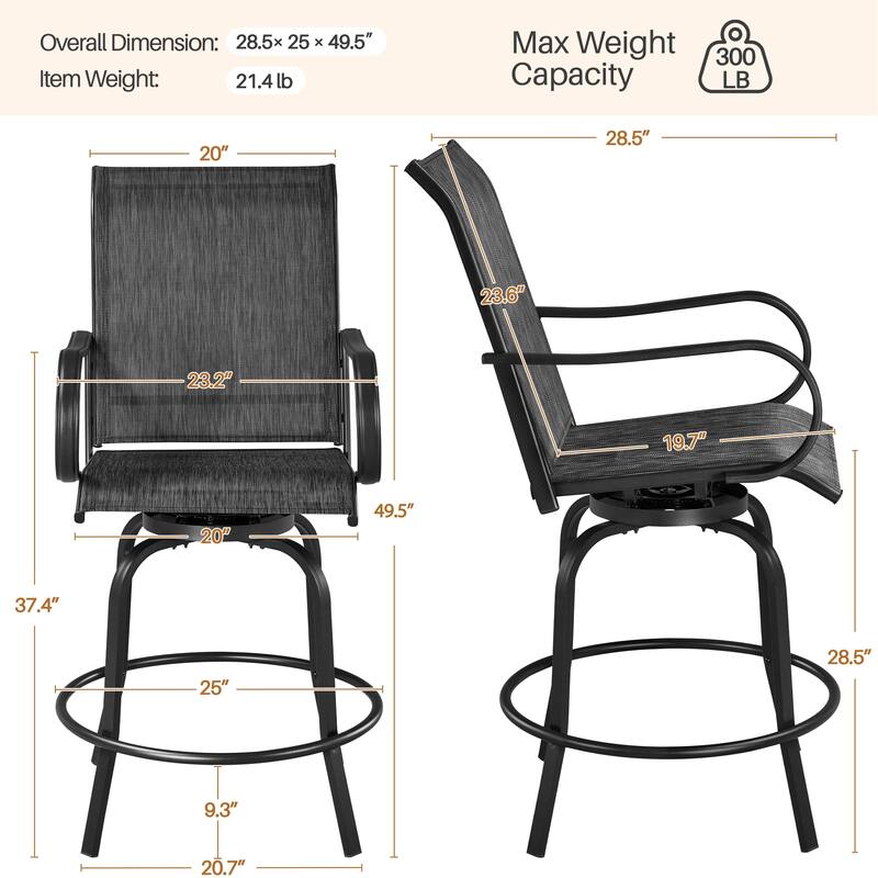 Yaheetech 2 Piece Outdoor Swivel Bar Stools Breathable Texteline Patio Bistro Chair