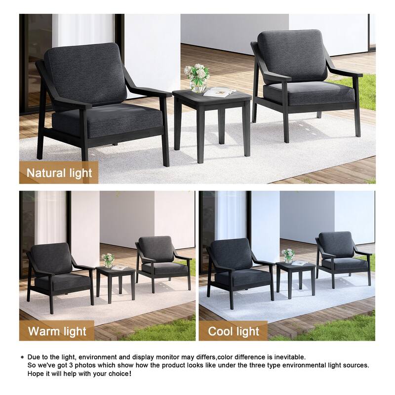 Outdoor Wood Cushioned Patio Set of 2 Accent Chair with Side Table