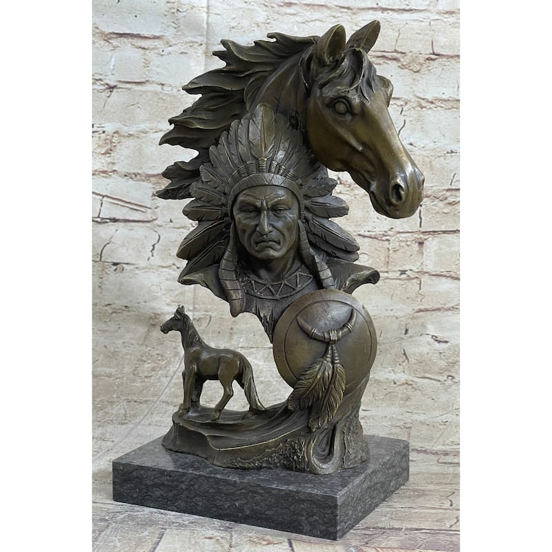 Native American Indian Bust W/ Horses Bronze Statue Sculpture Original Art Decor