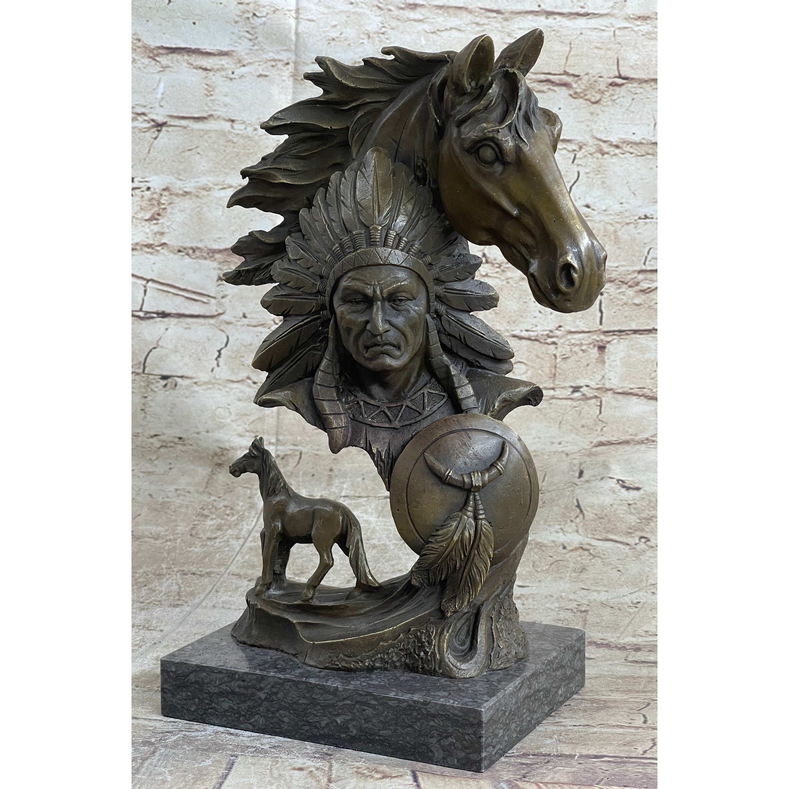 Native American Indian Bust W/ Horses Bronze Statue Sculpture Original Art Decor