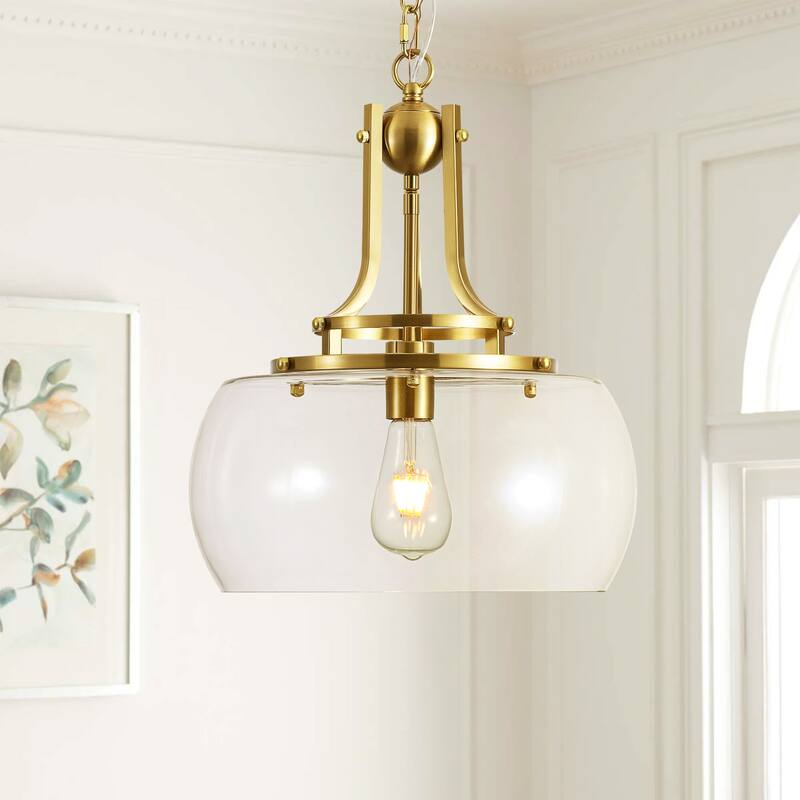 13.8" W Mid-Century Modern Rustic Gold Dome Design Ceiling Pendant with Clear Glass Shade for Dining Room, Kitchen Island, Foyer - 13.8 in. W x 16.7 in. H x 13.8 in. D - Clear/Gold