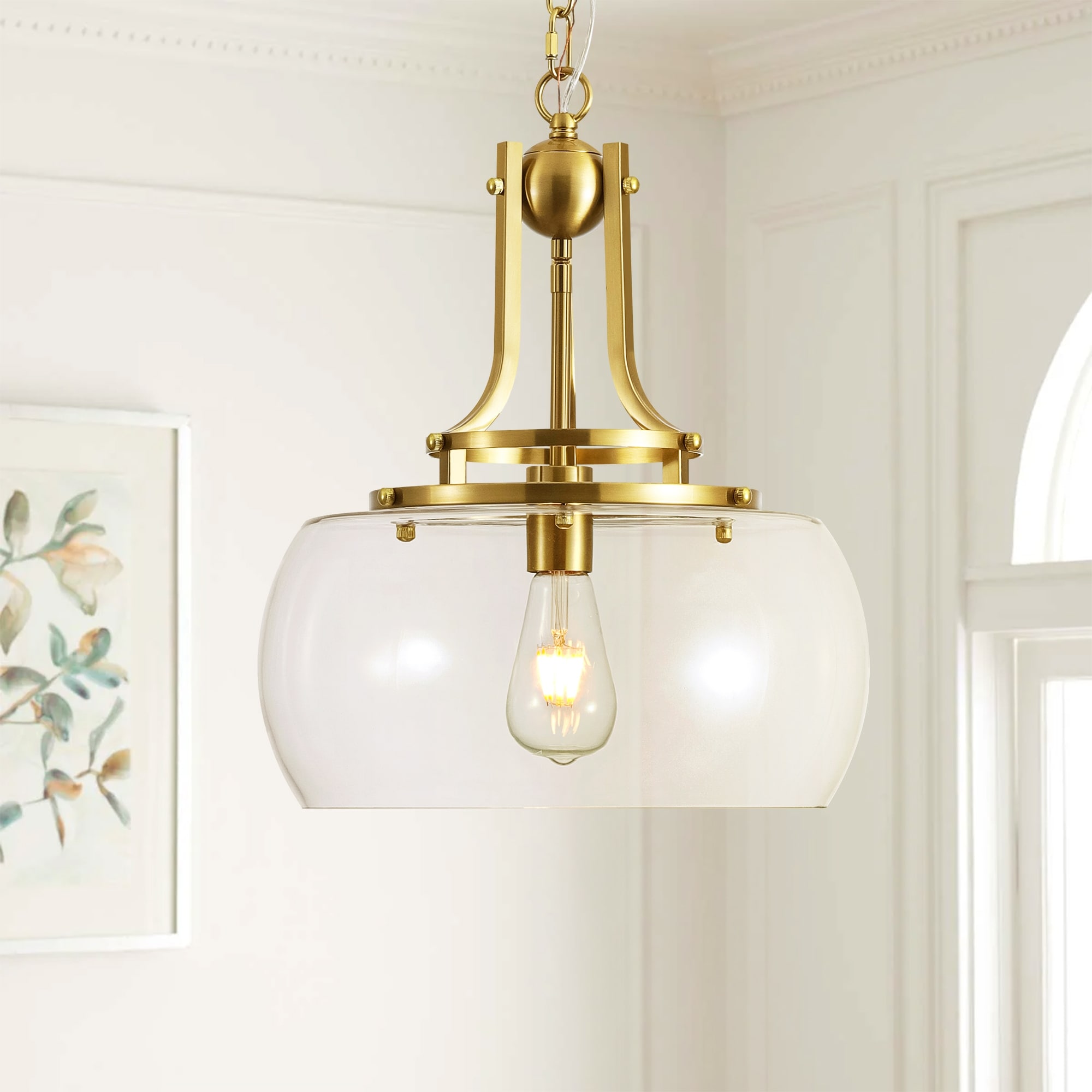13.8" W Mid-Century Modern Rustic Gold Dome Design Ceiling Pendant with Clear Glass Shade for Dining Room, Kitchen Island, Foyer