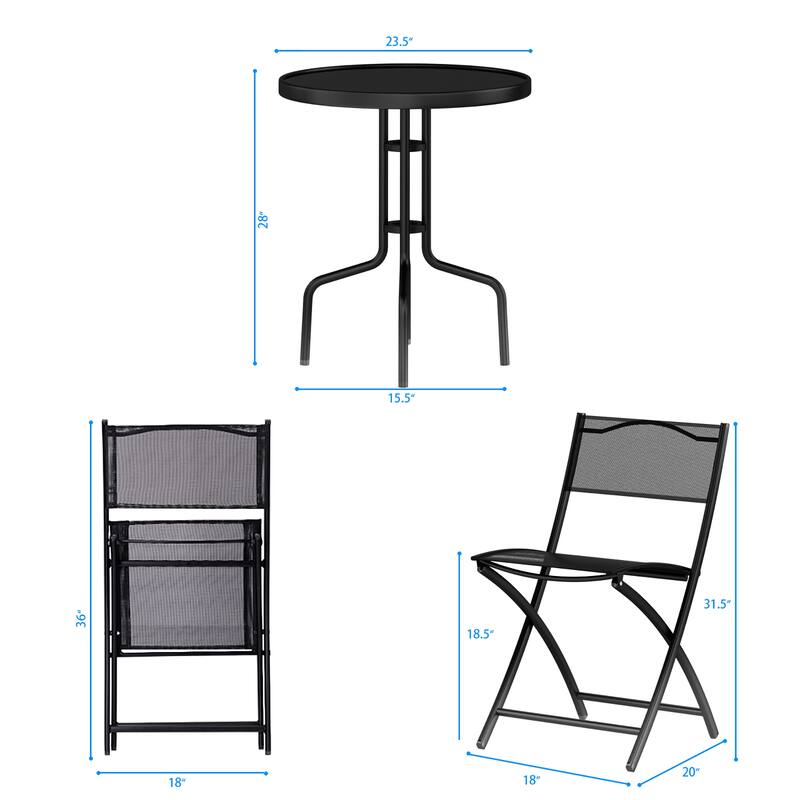 3-Piece Bistro Set Garden Round Table Folding Chairs