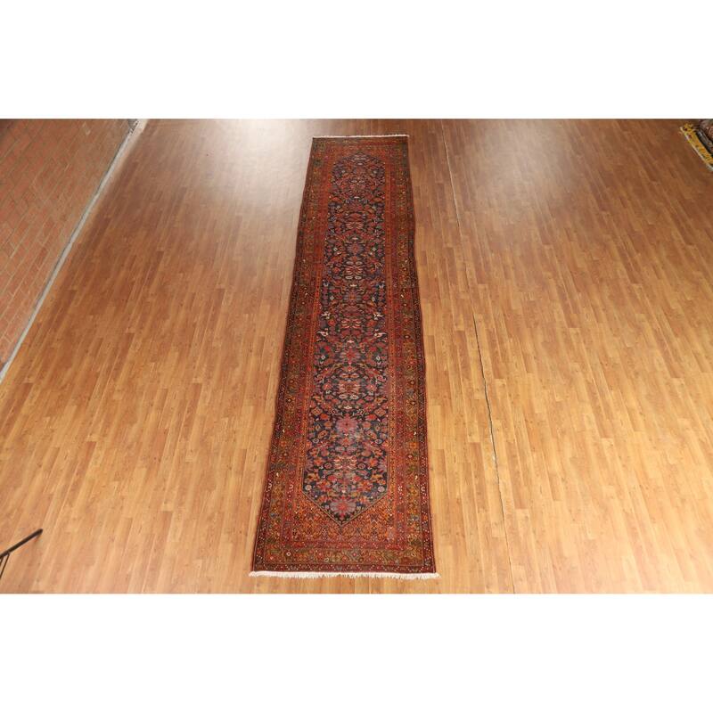 Hand Knotted Oriental 100% Wool Carpet Traditional Floral Navy Blue & Blues Malayer Runner Rug - 15' 8'' X 3' 7''