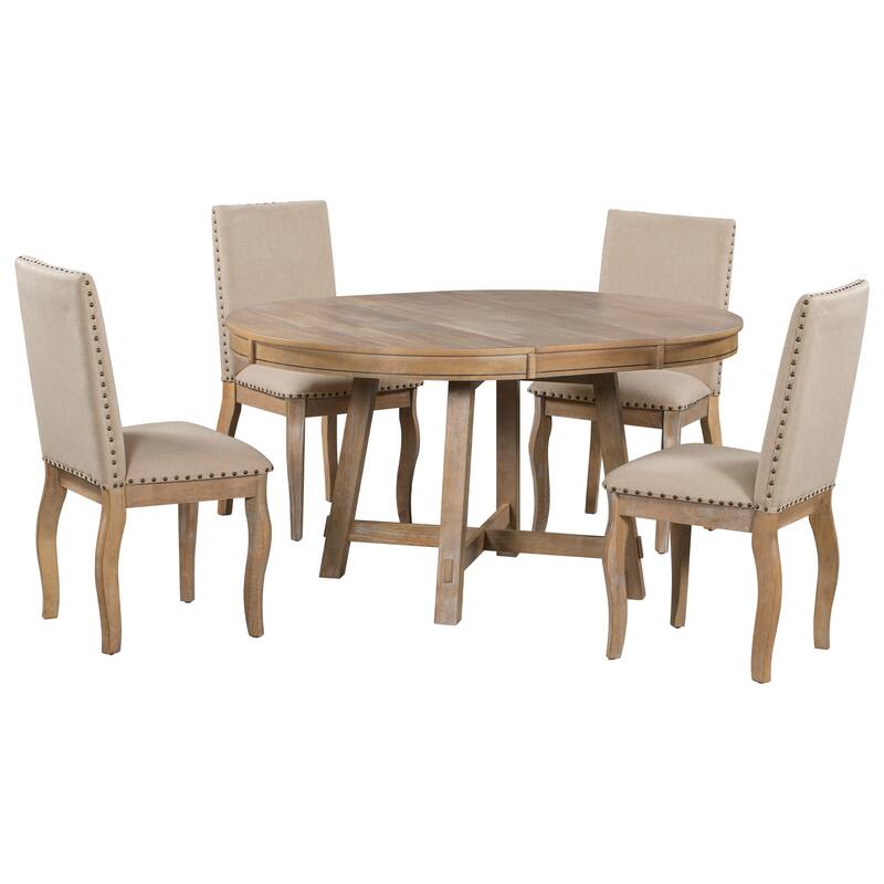 5-Piece Wooden Dining Table Set with Extendable Round Table & 4 Chairs