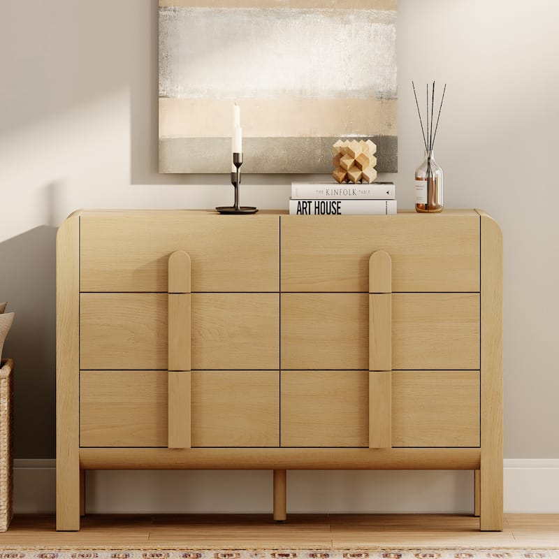 WAMPAT Mid Century Wood 6 Drawer Dresser For Bedroom, Modern Chest Of Drawers With Curved Profile Design - Oak