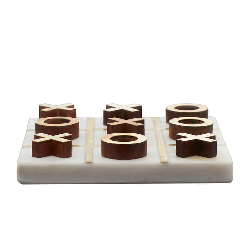 White or Black Marble Tic Tac Toe Game Set with Gold Inlay and Wood Pieces