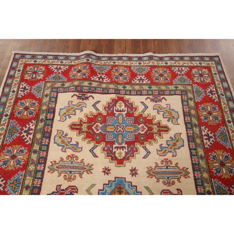 Beige Traditional Kazak Area Rug Hand-Knotted Wool Carpet - 4'10" x 7'3"