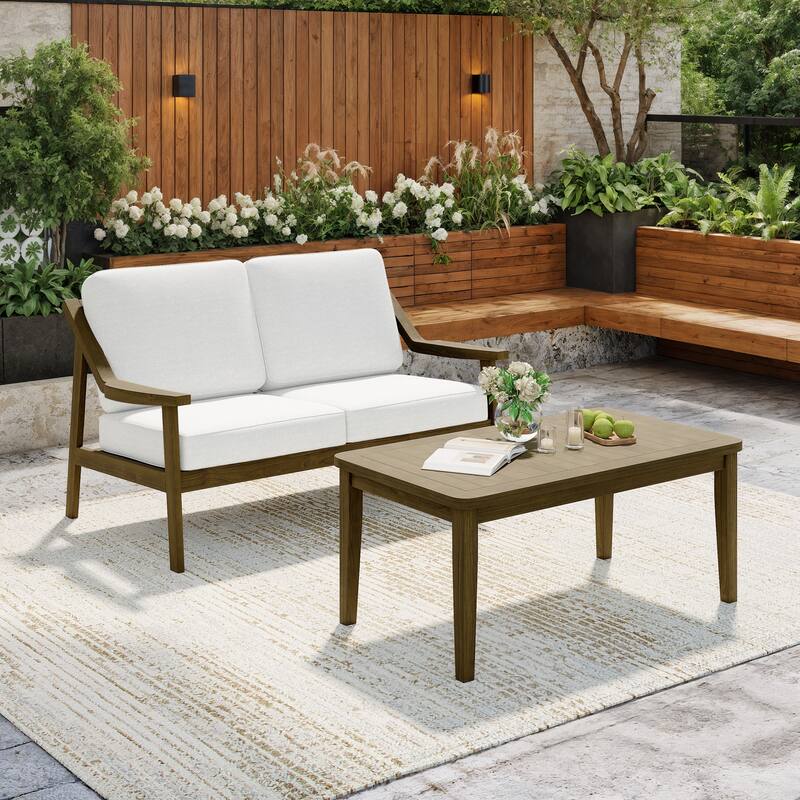 Outdoor Patio Wood Bistro Set/Loveseat Set - Brown/Beige - 2-piece