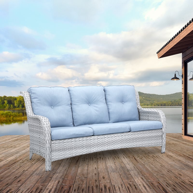 Pocassy Patio Outdoor 3-Seat Sofa with Cushion - Light Grey - Baby Blue