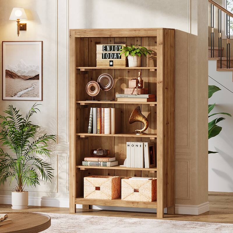 5-Tier Tall Solid Wood Bookcase, Heavy Duty Floor Large Bookshelf
