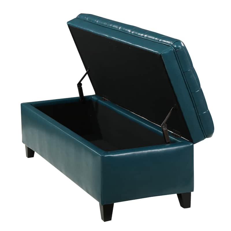 Rhya Storage Ottoman Bench, Teal Blue Faux Leather, Brown Wood 50 Inch