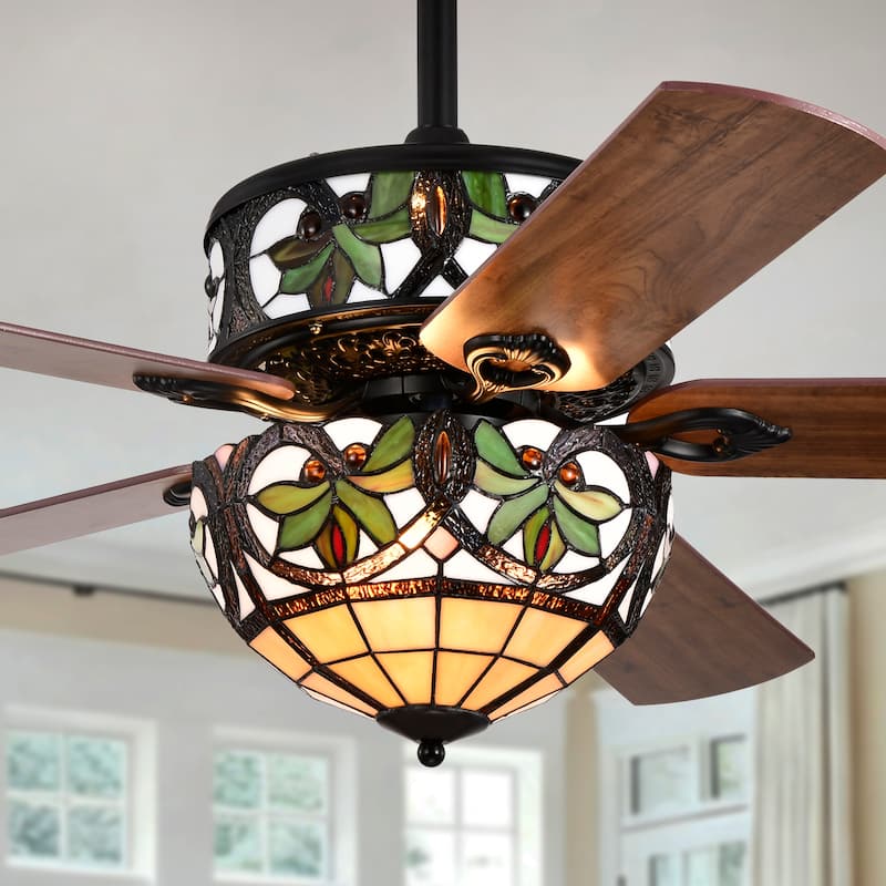 Temid 5-Blade Lighted Ceiling Fan 2-Tier Tiffany Style Glass