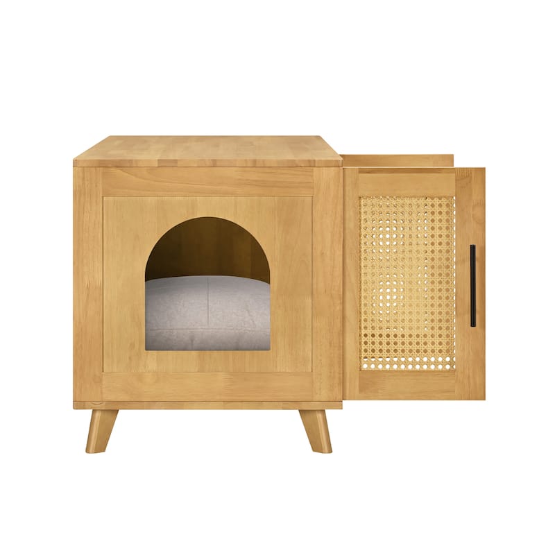 Christopher Knight Home - 47"W Rubber Wood Cat Cabinet with Rattan Doors & Cushion