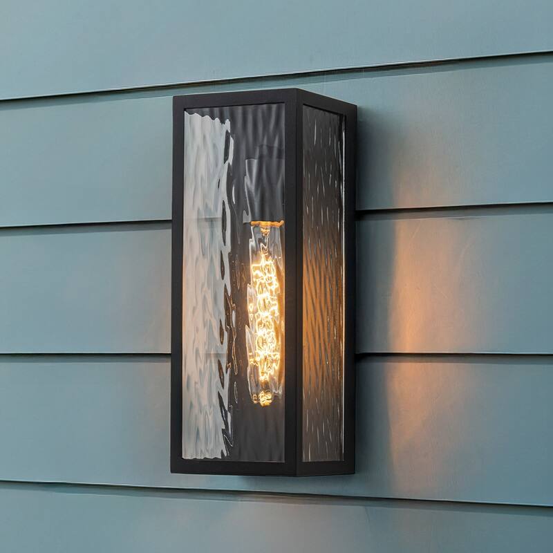 H13" Modern Black Outdoor Wall Sconce with Water Ripple Glass and Dusk to Dawn Sensor Open Bottom Light Fixture for Garage Patio - W5'' - Matte Black