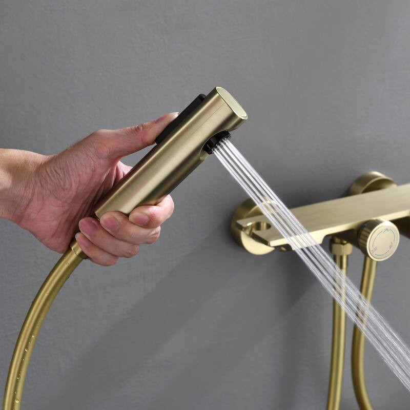 Wall Mount Tub Faucet with Hand Shower Brass Waterfall Tub Filler with Slide Bar Bahttub Faucet with Bidet Sprayer