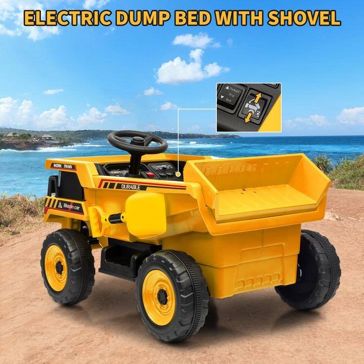 12V Ride-On Dump Truck with Remote Control, Automatic Lift Bed, Shovel & Music Player – for Kids Ages 3–8