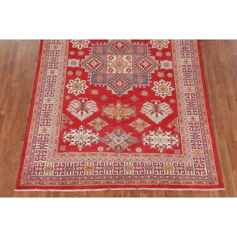 Oriental Red Geometric Kazak Area Rug Hand-Knotted Wool Carpet - 6'5" x 9'8"