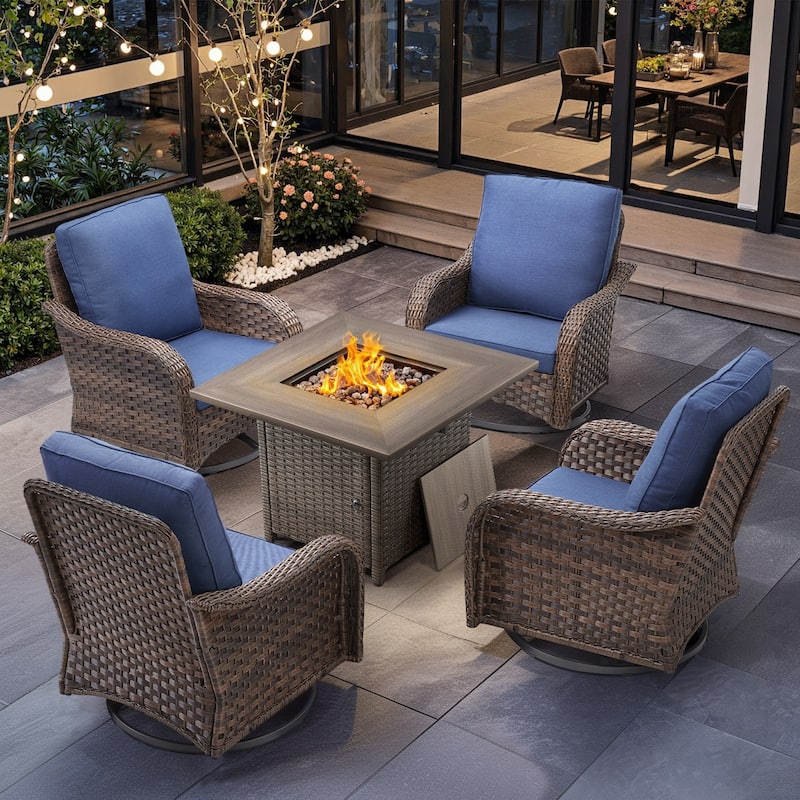 Cavira 5-Piece Brown Wicker Patio Fire Pit Set with 4 Swivel Glider Chairs - Navy Blue Cushions - Brown Wicker