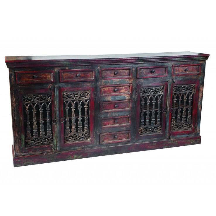 HomeRoots 90" Brown Solid Wood Nine Drawer Buffet Table with Four Doors - 90.00 in. x 44.00 in. x 16.00 in.