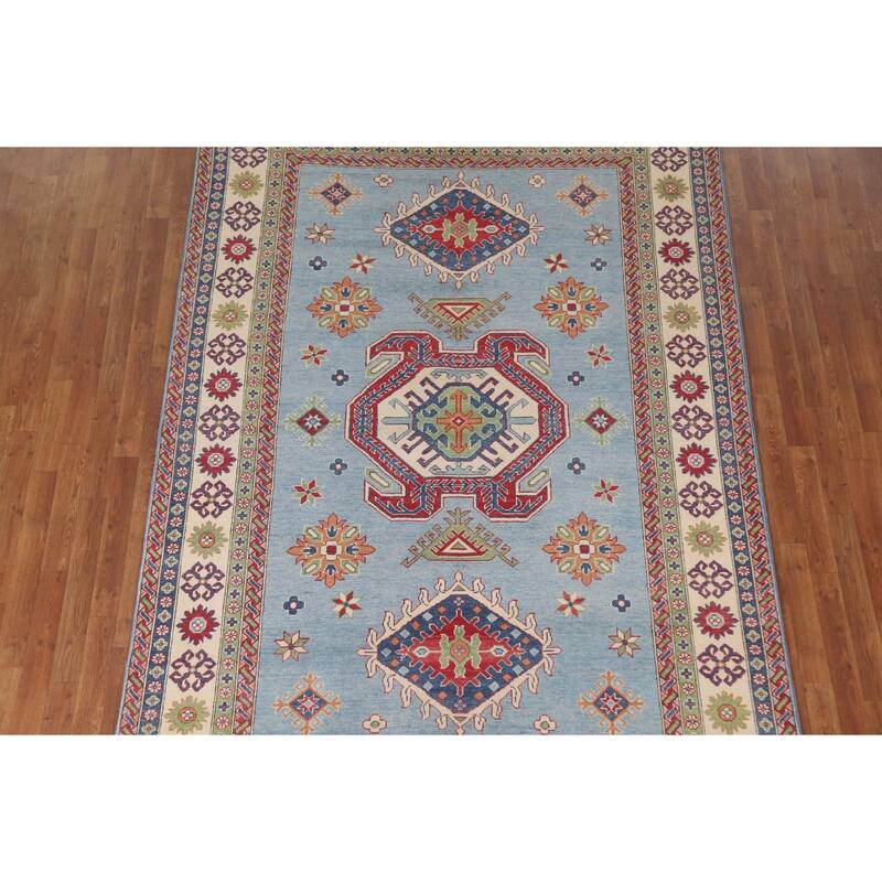 Hand Knotted Oriental 100% Wool Carpet Traditional Geometric Navy Blue & Blues Kazak Area Rug - 9' 8'' X 6' 6''