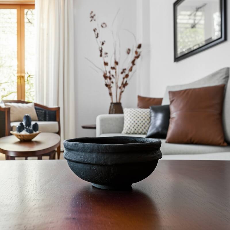 Terracotta Decorative Bowl Handcrafted Textured Design - 6" Black - 12" x 12" x 6"