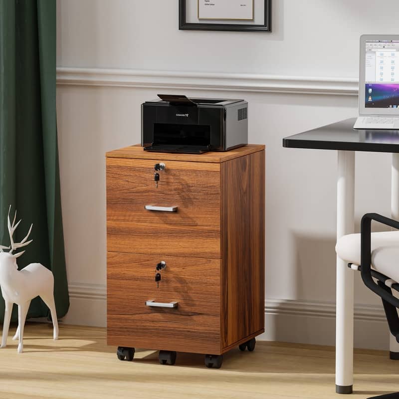 2 Drawer Wood File Cabinet, Lock Mobile Cabinet - Wood Finish - Walnut color