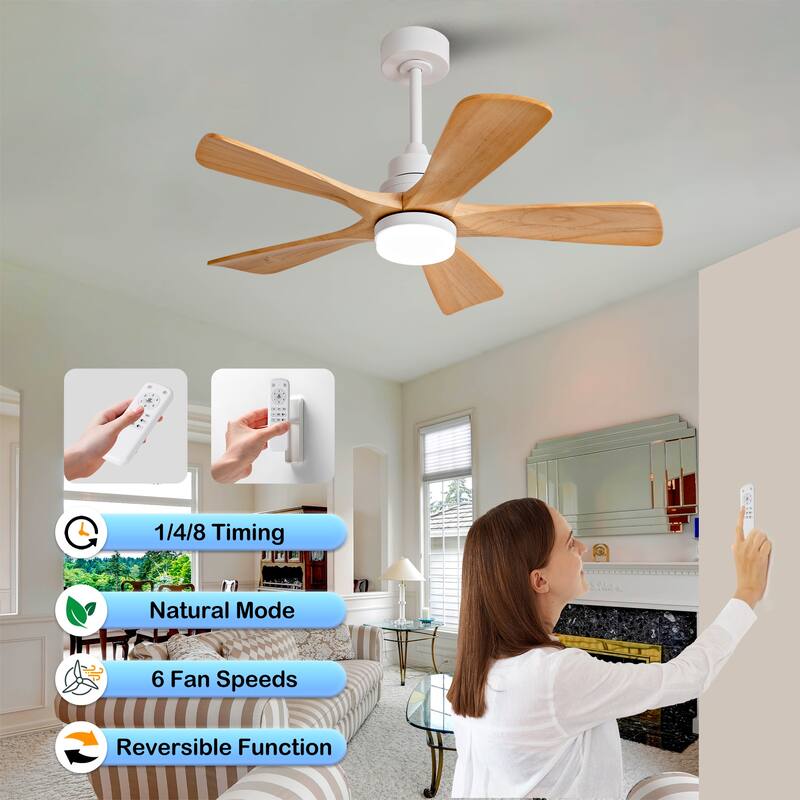 42 Inch Indoor Ceiling Fan With Dimmable LED Light 5 Solid Wood Blades Remote Control Reversible DC Motor