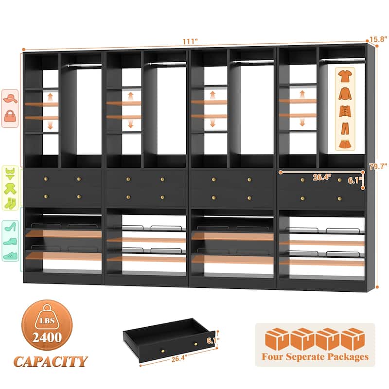 27.7'' Closet Organizer with Shoe Racks and Drawers, Closet System with Hanging Rod and Adjustable Shelves