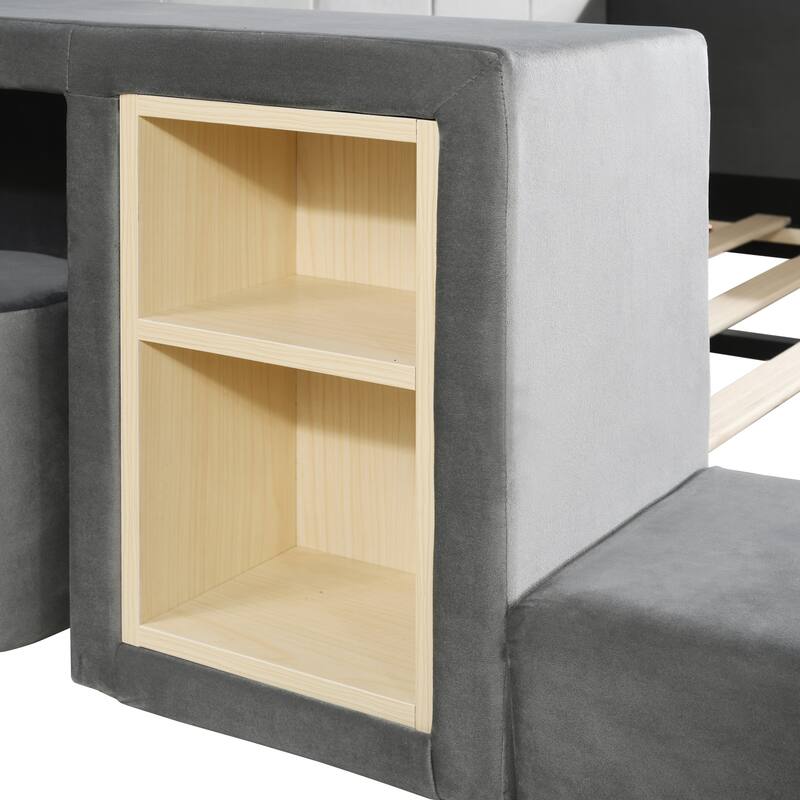 Full Size Upholstered Grounded Bed, Mother & Child Bed with Bedside Desk and Little Round Stool