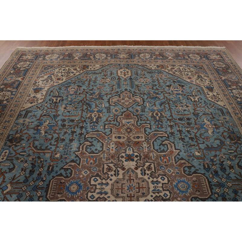 Light Blue Distressed Tabriz Persian Vintage Rug Handmade Wool Carpet - 9'7" x 12'3"