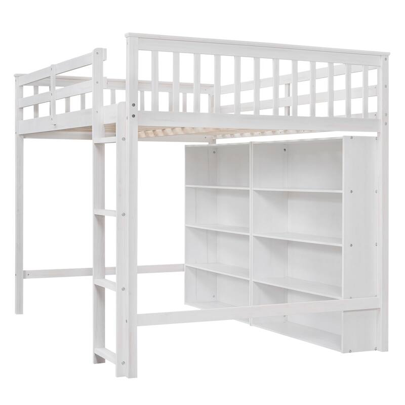 Full Loft Bed with 8 Storage Shelves, Built-in Ladder, and Safety Guardrails - Perfect for Kids' Study and Play Area