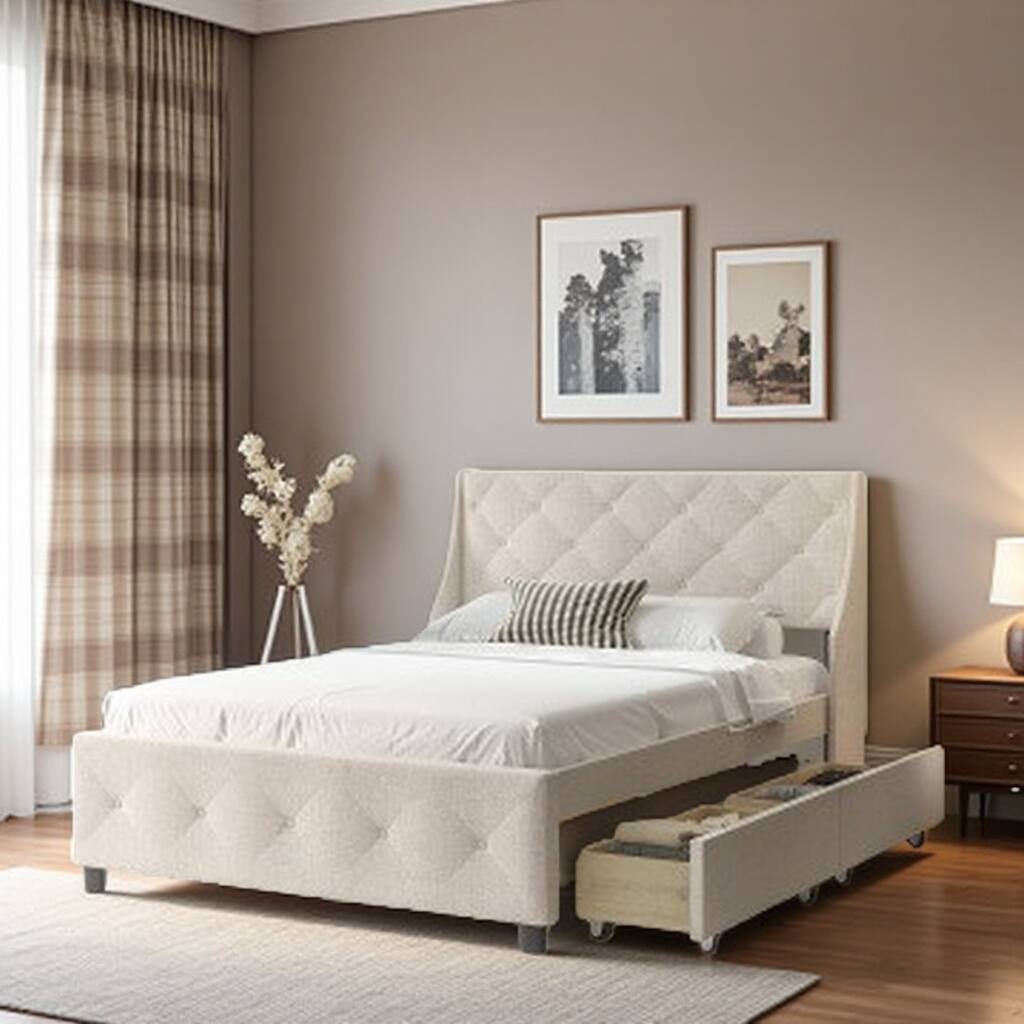 Queen Platform Bed with Storage Headboard and 4 Drawers, Noise-Free Metal Frame with Wood Accents, Upholstered Wingback Design