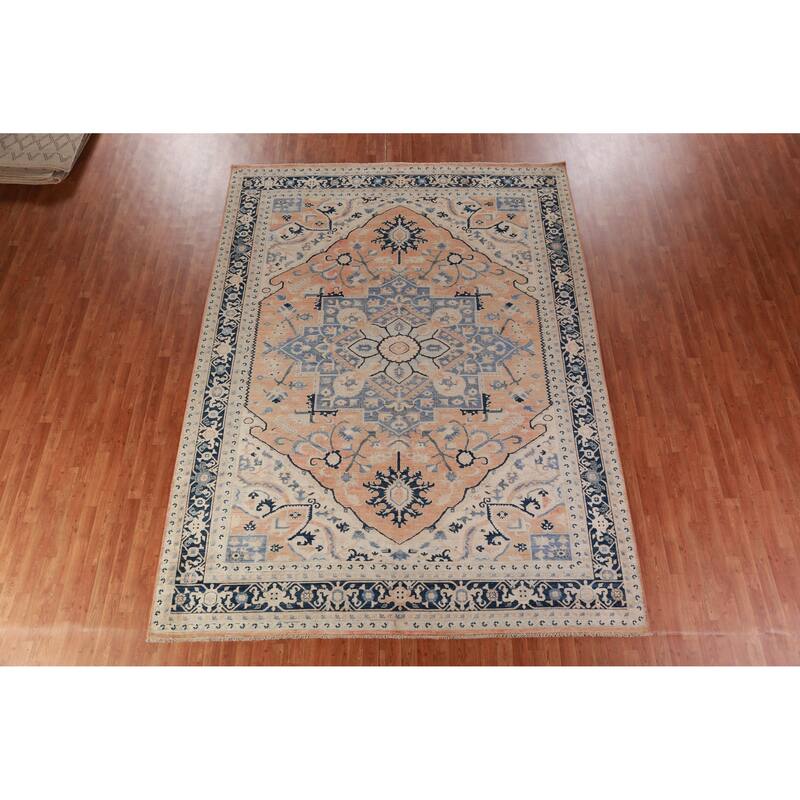 Orange Vegetable Dye Heriz Serapi Rug Hand-Knotted Wool Carpet - 8'11"x 11'11"