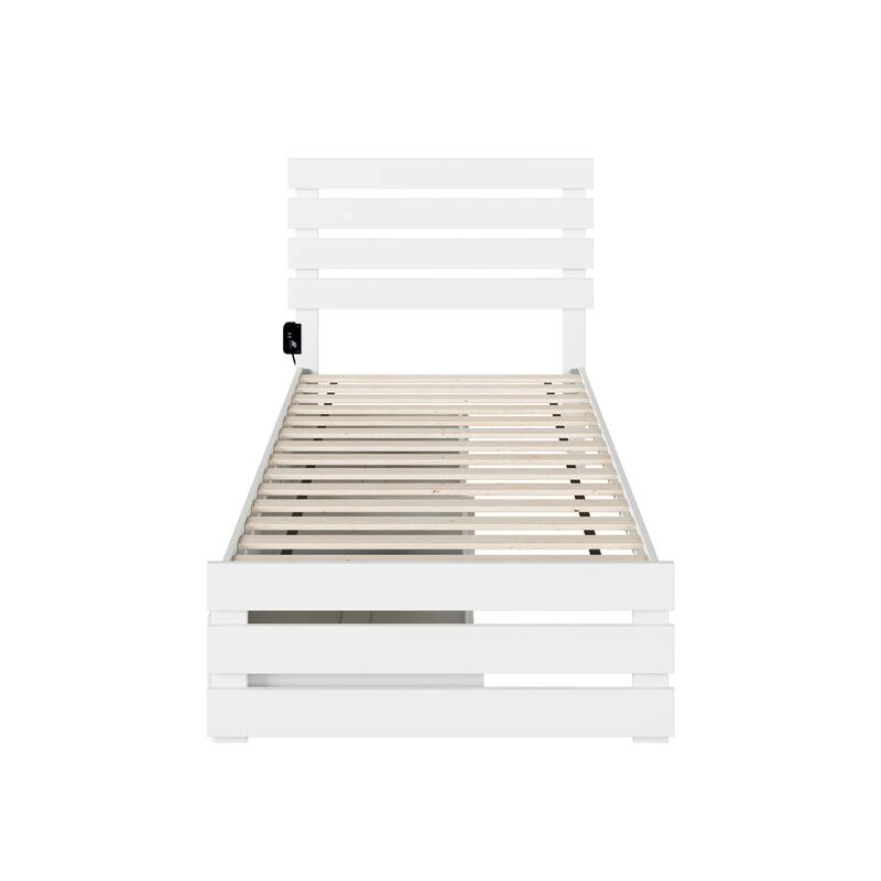 Twin XL Bed with Footboard & USB Charger - Extra Long Storage Drawers - White Finish