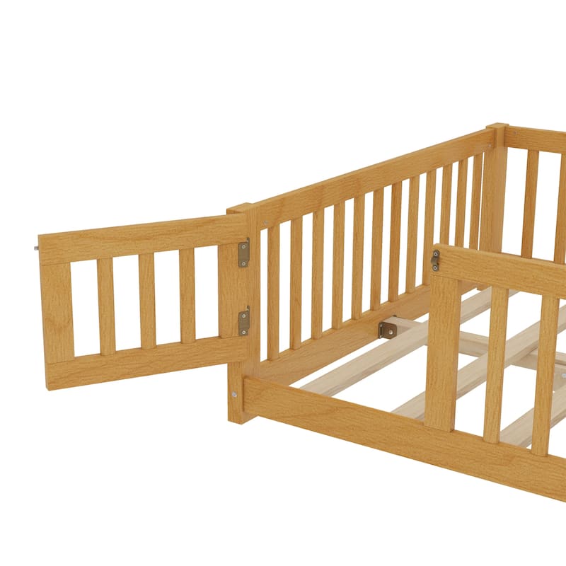 Montessori Toddler Floor Bed with Fence and Switchable Door, Low Profile Bed Frame with Removable Slats, Safe Transition Bed