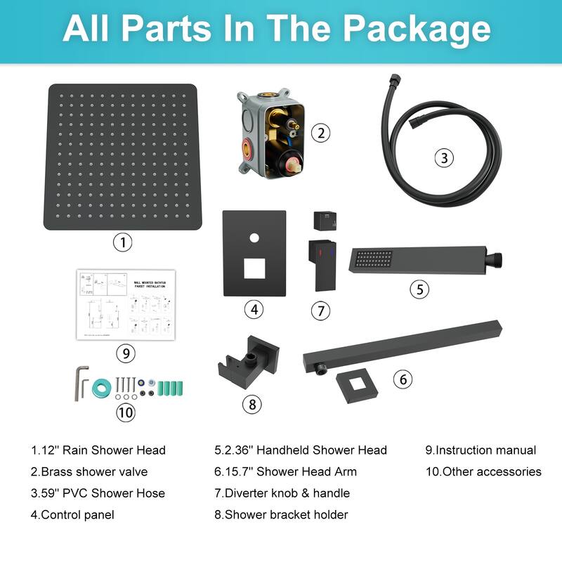 12" Ceiling Mounted Square Shower Systems with Head Shower & Hand Shower Combo Set - 12 inch