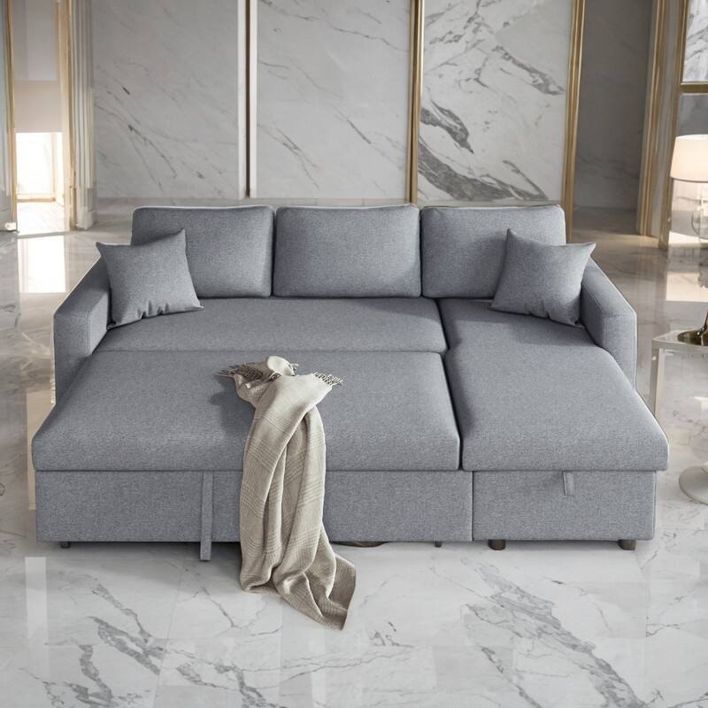 Upholstery Sectional Sofa with Storage Space, Sleeper Sofa Living Room Sets with 2 Tossing Cushions, Light Grey