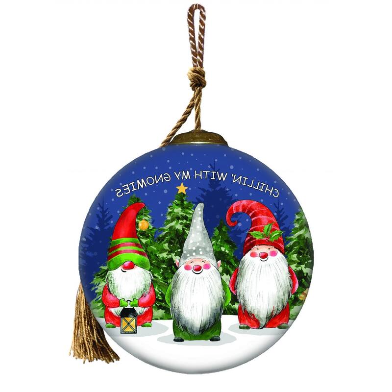 Casual Gnomes in Christmas Mode Hand Painted Mouth Blown Glass Ornament - 3"x 3" x 3"
