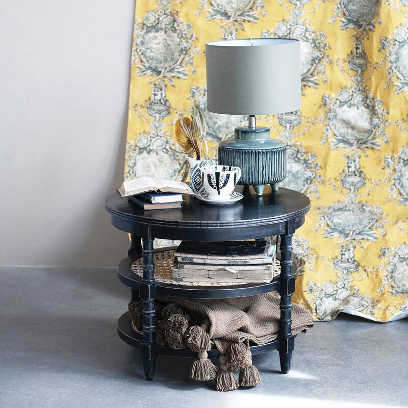 Mango Wood Table with 2 Cane Shelves - 23.5"L x 23.5"W x 23.5"H