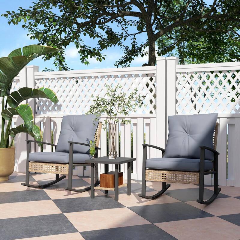 3-Piece Wicker Set, Rocking Chairs with Tufted Cushions,Coffee Table