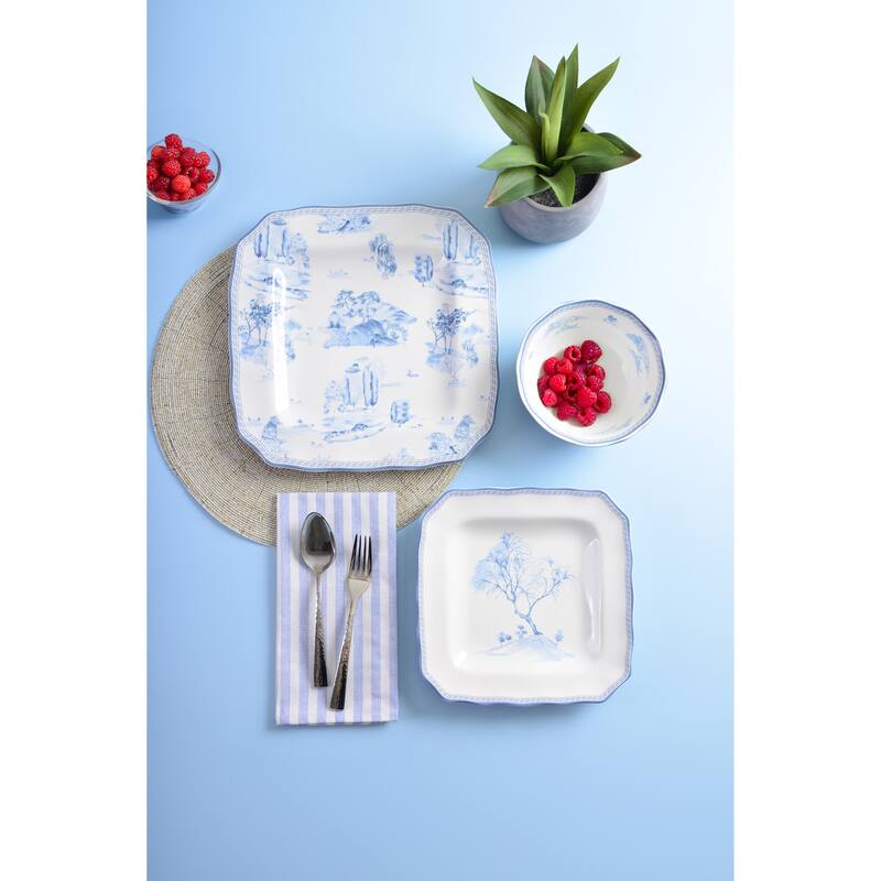 Scenic Toile Blue Porcelain 12 Pc Dinnerware Set