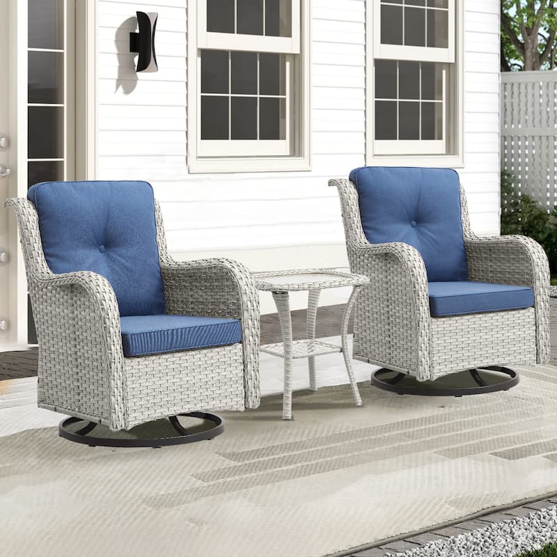 Pocassy 3-Piece Outdoor Swivel Bistro Set, Wicker Rocking Chairs - Light Grey/Blue