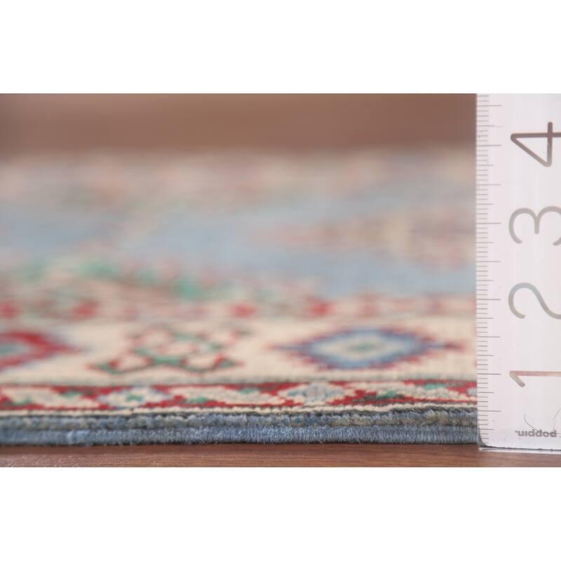 Hand Knotted Oriental 100% Wool Carpet Traditional Geometric Navy Blue & Blues Kazak Runner Rug - 8' 11'' X 2' 9''