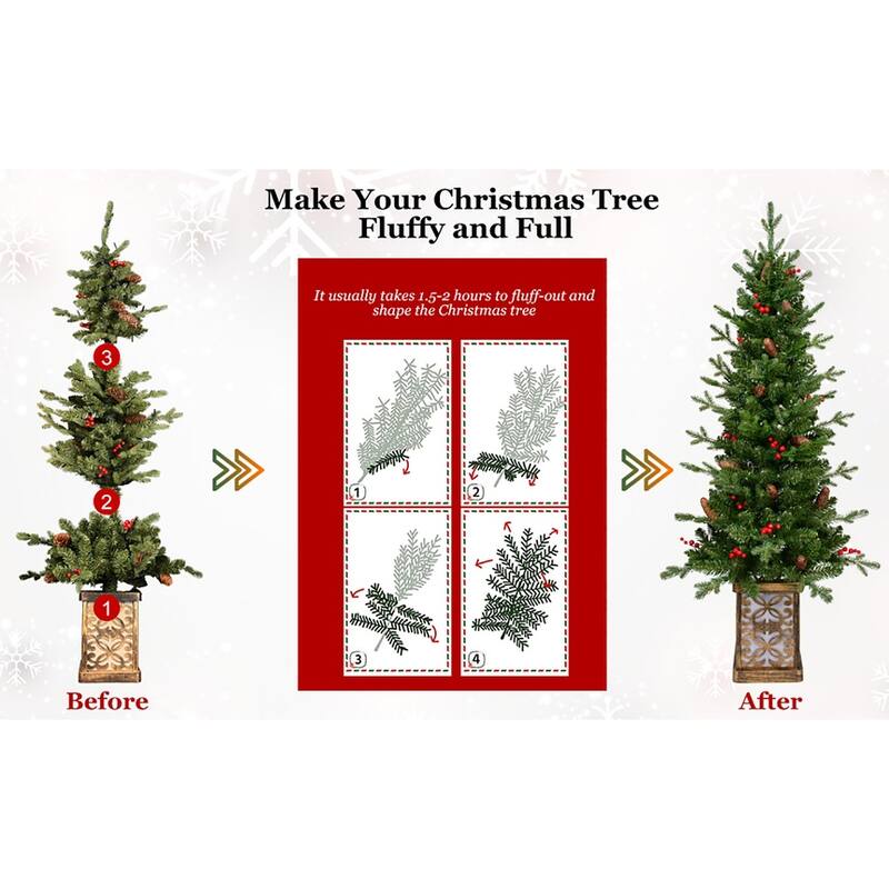 4ft Pre-Lit Green Christmas Tree With Glitter Base-100 Multicolor Led Lights,396 Tips,Red Berries & Pine Coness